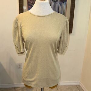 Liz Claiborne Gold Shimmer Puff Sleeve Top w/ Button Embellishments Size Medium